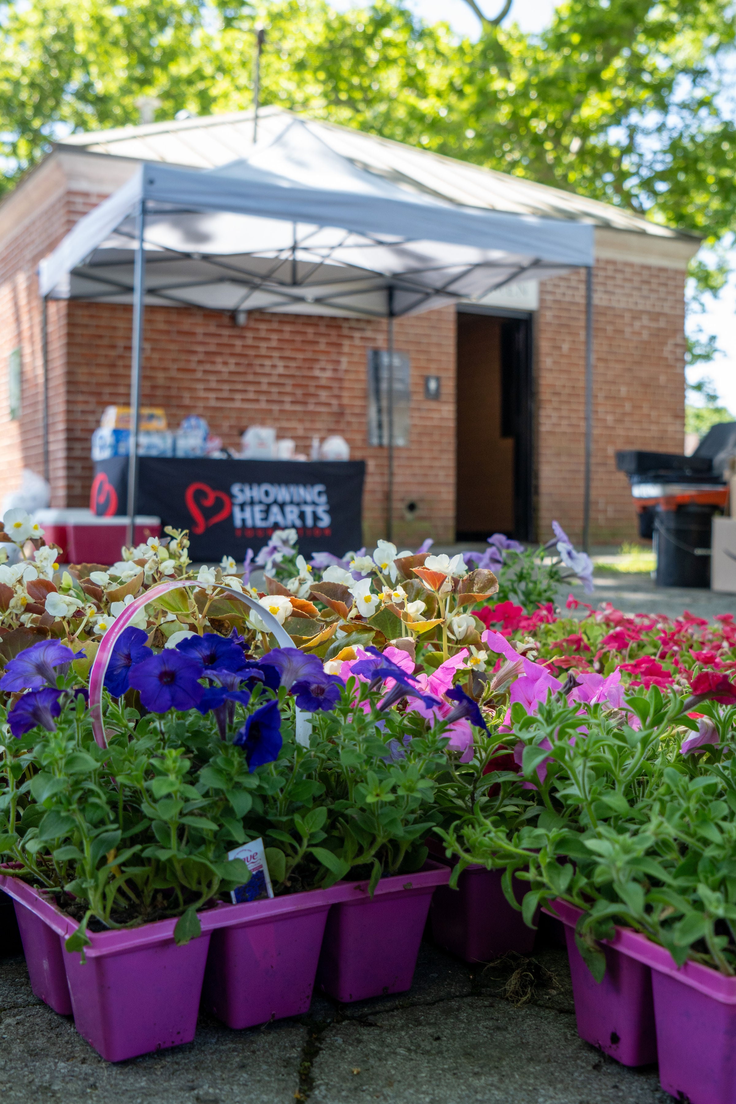 Showing Hearts Foundation community event with flowers and supplies